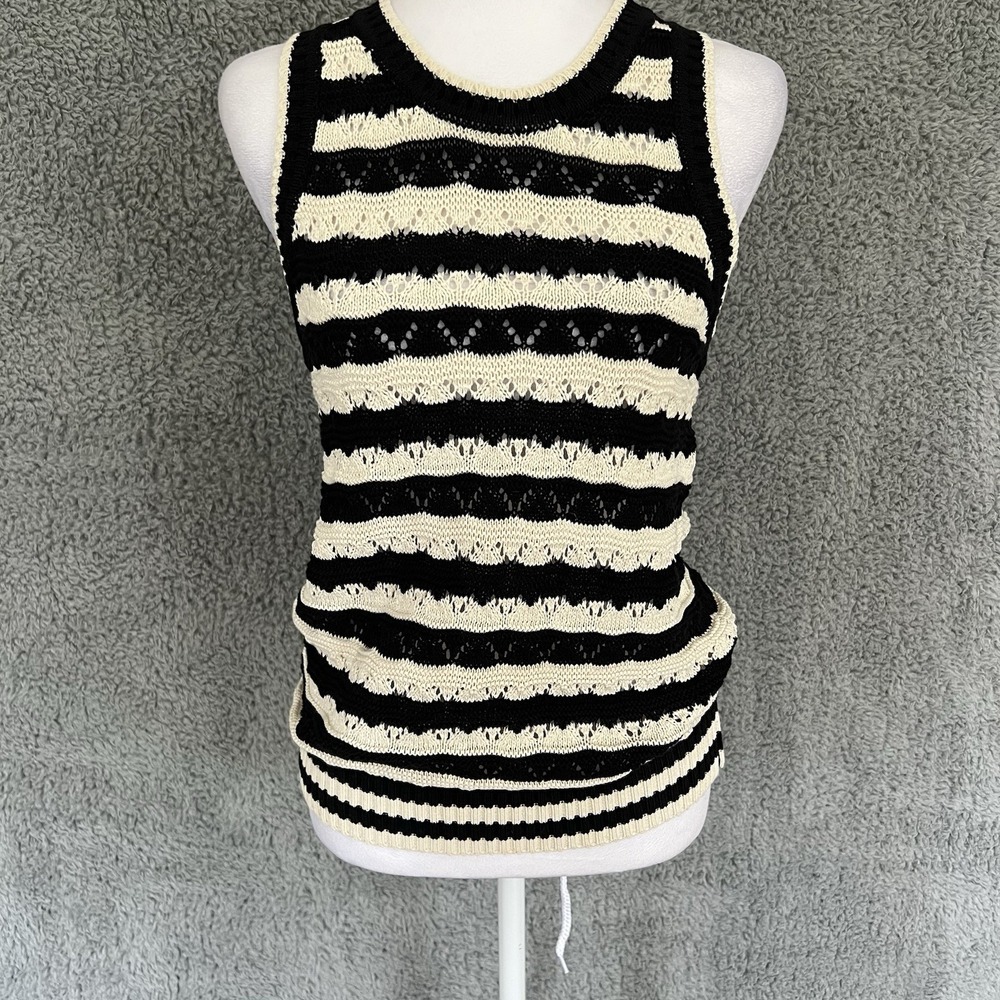 Elan Stripe Sweater Tank Top Womens Medium Black And Cream Pointelle Knit
